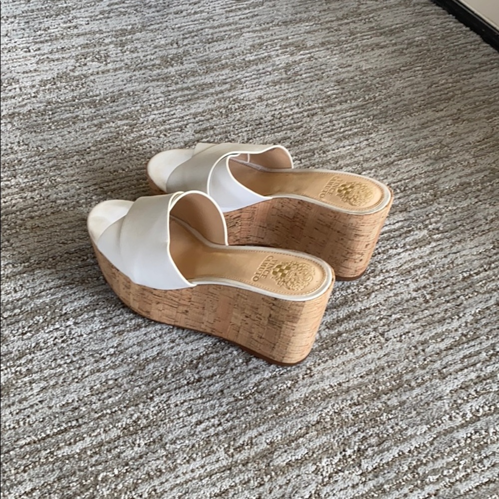 Vince Camuto white and cork wedges